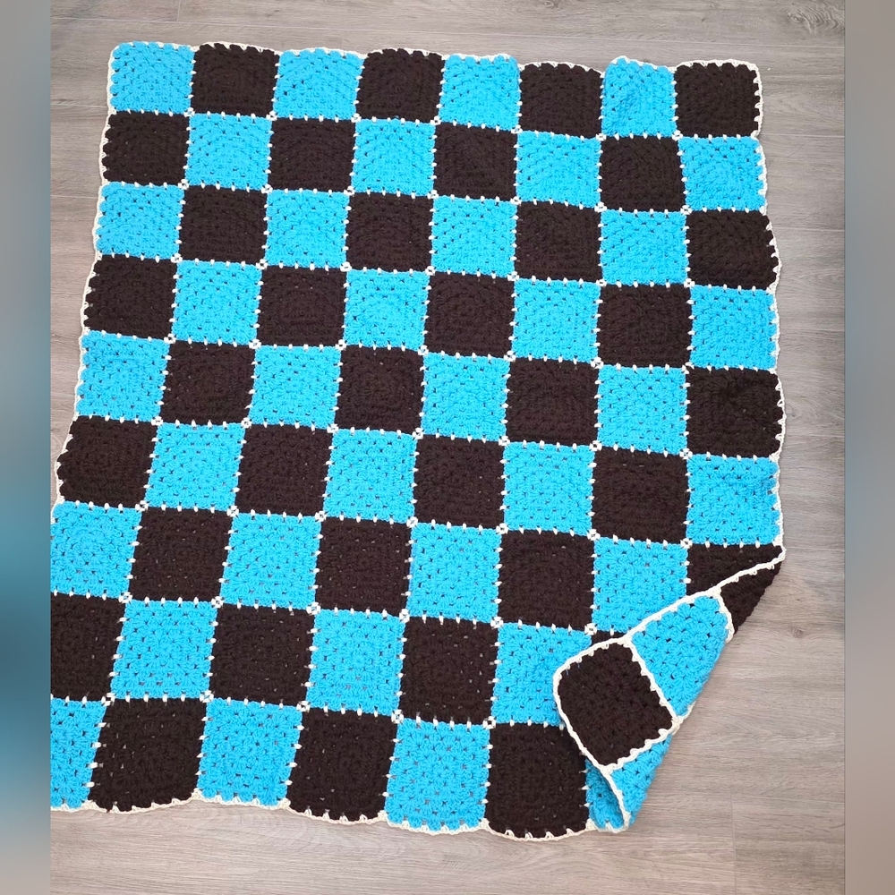 Granny Square Afghan Throw Lap-Baby Blanket Handmade Brown & Blue Crochet